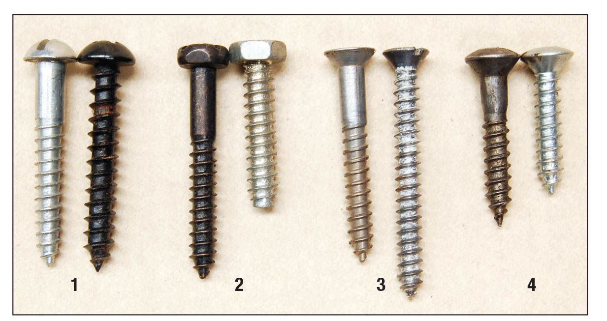 These are head forms for screws used in wood. A true wood screw is on the left of each pair, a self-tapping screw is on the right. (1) Round head, (2) hex head, (3) flat head and (4) oval head. Sets numbered 1 and 2 are never used on guns.